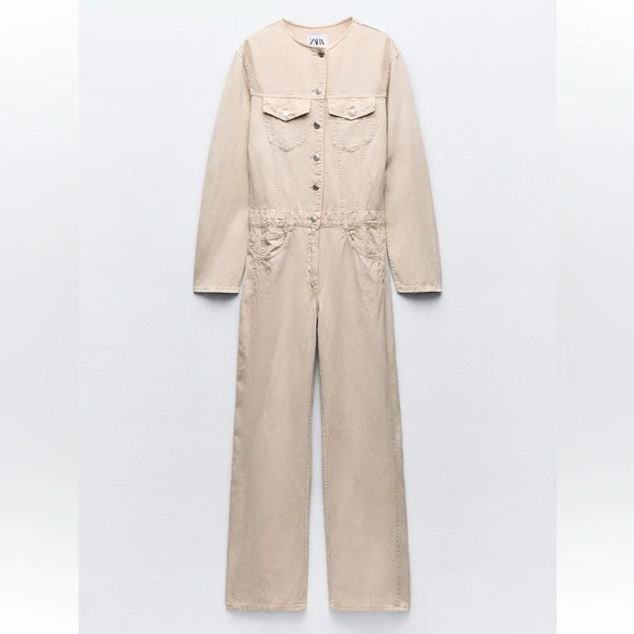 ZARA LONG FLOWY CREAM JUMPSUIT - Picture 1 of 5